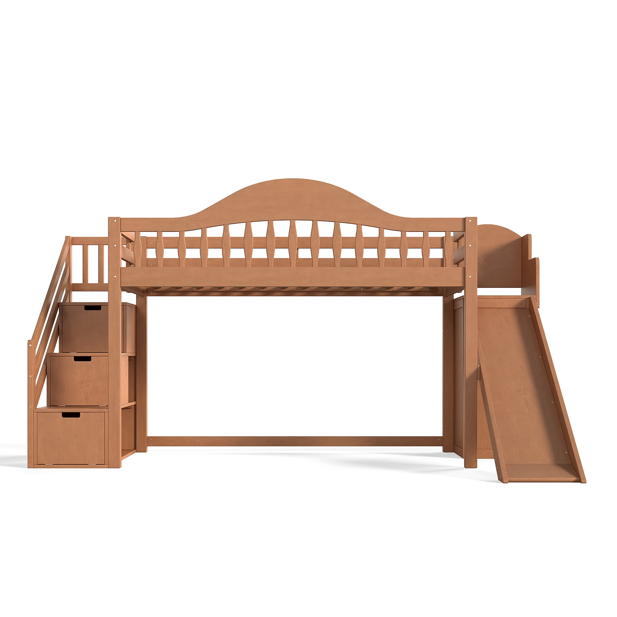 Leumius Twin Loft Bed with Storage Stairs, Slide & Built-in Wardrobe, Stylish High Guardrail, Wood Loft Bed Frame for Bedroom,Dorms,Guests Walnut