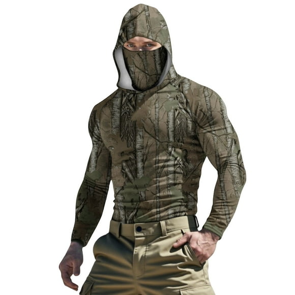 Lovzfmll Unisex Outdoor Camo Print Sun Hoodie for Men, Long Sleeve Raglan Sleeve Face Mask Top Camouflage, 4XL