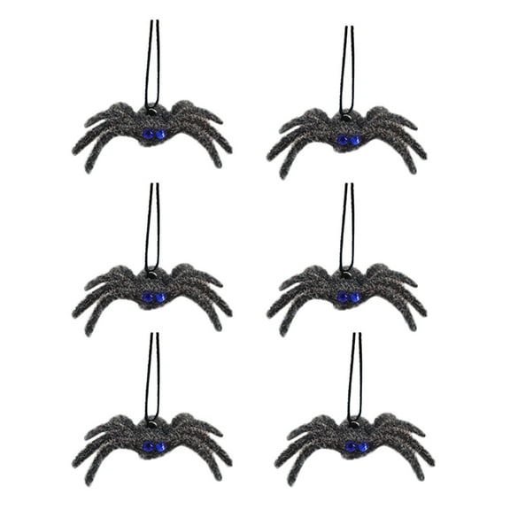 6-Pack Halloween Spider Decoration with Flocking Web, Hanging Party Prop with Colorful Eyes, Indoor Outdoor Creepy Crawler Decor - A