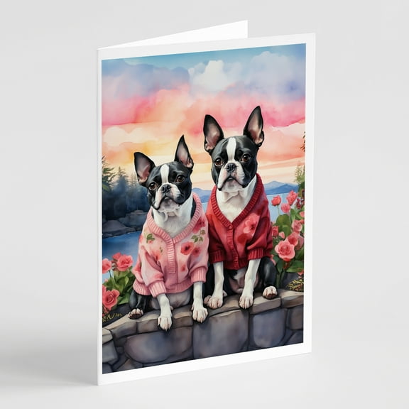 Boston Terrier Two Hearts Greeting Cards Pack of 8 7 in x 5 in