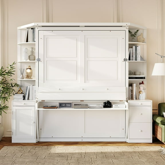 Queen Size Murphy Bed with Desk & Storage Cabinets, Hidden Wood Wall Murphy Bed for Home Office, Storage Bed Cabinet, Space-Saving Design, White
