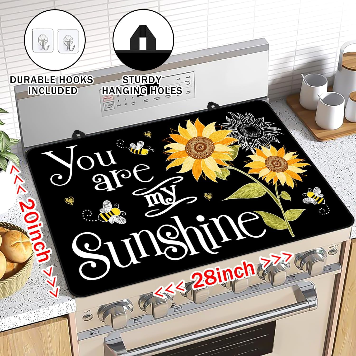 Christma Stove Top Covers for Electric Stove, You Are My Sunshine Fall Stove Cover Sunflowers Non-Stick Kitchen Pad for Gas Stove Cooktop Washable Countertop Protector Mat Keep Stove Clean Black