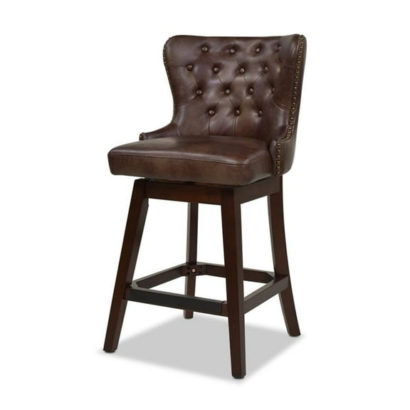 Tufted High-Back 360 Swivel Counter-Height Barstool in Mid Brown