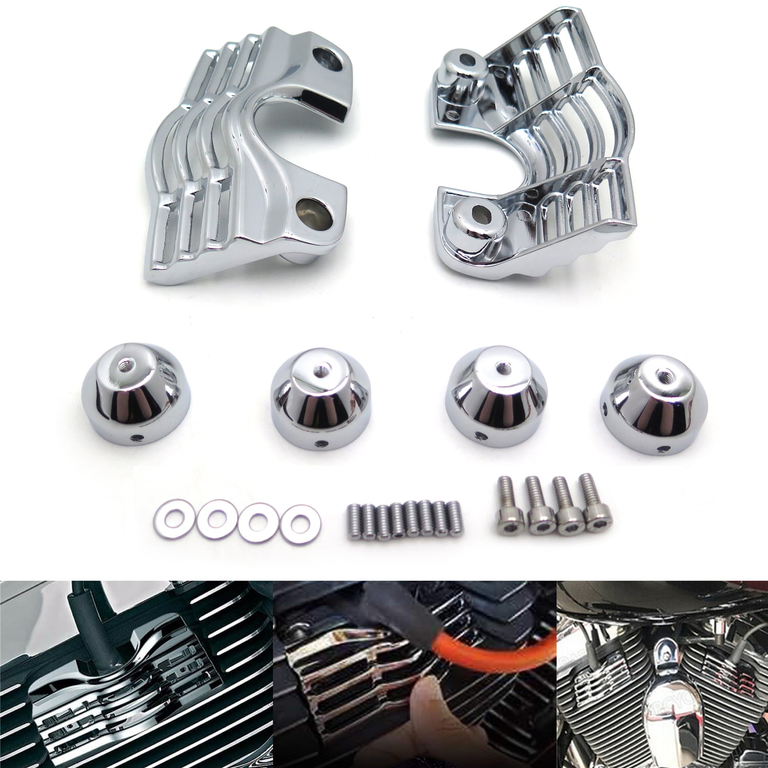 HTTMT Chrome Slotted Finned Spark Plug Head Bolt Covers Compatible