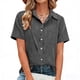 thumbnail image 1 of Craaazy Women Casual Collared Blouse, Solid Color Short Sleeve Button Down Shirt, Loose Fit Comfy V Neck Top for Daily Wear Gifts, 1 of 5