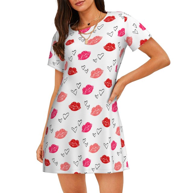 Fotbe Red Lips 1 Bata de Dormir para Mujer con Estampado, Camisón de Algodón de Manga Corta, Ropa de Dormir Casual