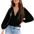 thumbnail image 1 of Blouse en Lin à Manches Longues Col en V Unie pour Femmes, 1 of 5