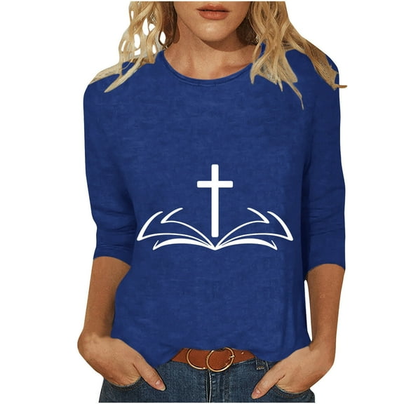 Nnhblu Blue Dressy Blouses for Women Faith Cross Print Easter Day Tops Funny Tshirts