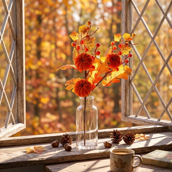 Fall Maple Leaf Pumpkin Branch, Thanksgiving Artificial Floral Arrangement, Autumn Harvest Flower Stem, Decorative Pick for Vase Home Table Party Decoration