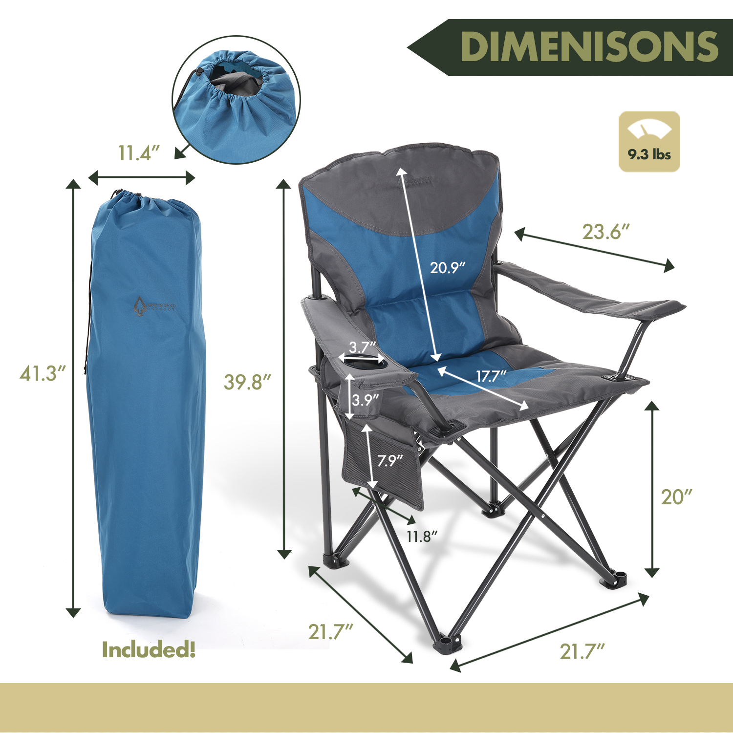 ARROWHEAD OUTDOOR Portable Folding Camping Quad Chair w/Added Ultra-Comfortable  Padding, Cup-Holder, Heavy-Duty Carrying Bag, Padded Armrests, Supports up  to 330lbs, USA-Based Support (Blue  Gray)