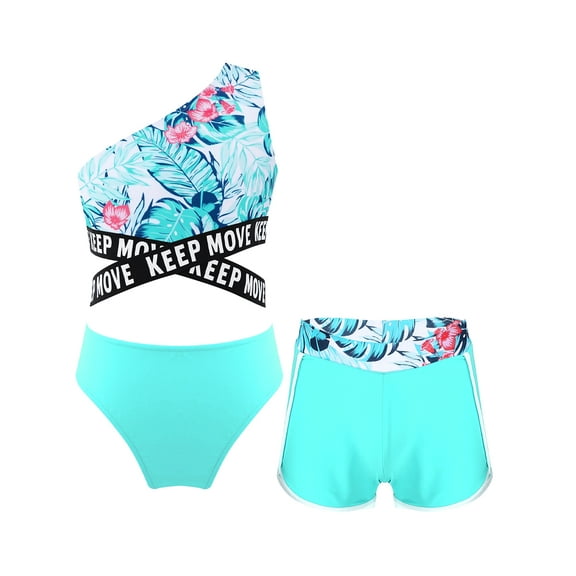 TiaoBug Kids Girls 3 Piece Bikini Swimsuit Sets Floral Print One Shoulder Crop Top with Briefs Shorts Summer Beachwear Light Green 8