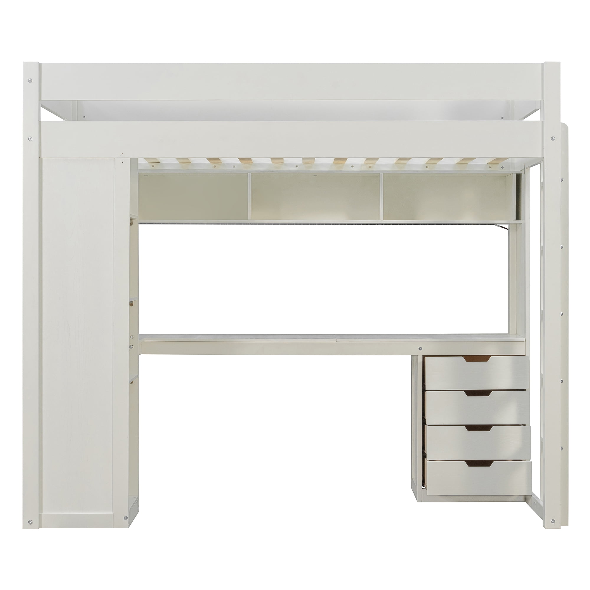Mintazer Twin Loft Bed with L-Shaped Desk & Smart LED Lights and Charge Station, Modern Loft Bed with 4 Storage Drawers & Shelves, White