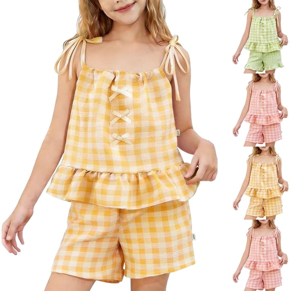 Spazoro Toddler Girls Plaid Ruffle Camisole & Shorts Set, Lightweight Tie Strap Bow Casual Summer 2PC Outfit for Baby Yellow Size 3-4