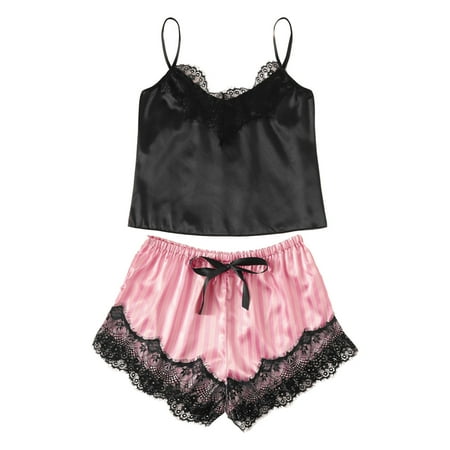 

CYMMPU Pajamas Set Lace Trim Cami Top and Shorts Two Piece Nightwear Silky Satin Pjs Sleepwear Sexy Lingerie Set Pink
