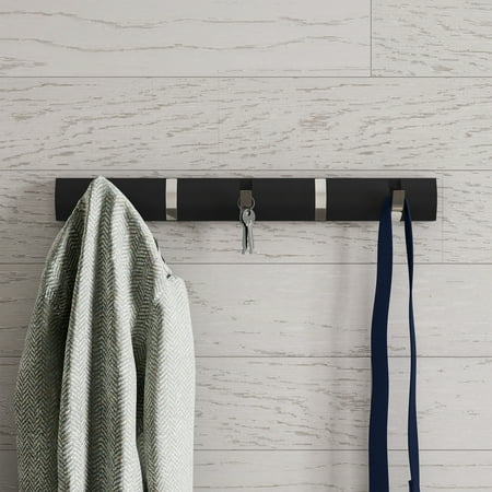 Wall Hook Rail-Mounted Hanging Rack with 5 Retractable Hooks by Lavish Home (Black)