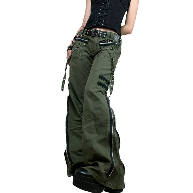 Kiapeise Women Gothic Cargo Pants Goth Loose Low Waist Trousers Baggy Wide  Leg Denim Jeans E-Girl Punk Grunge Style Streetwear