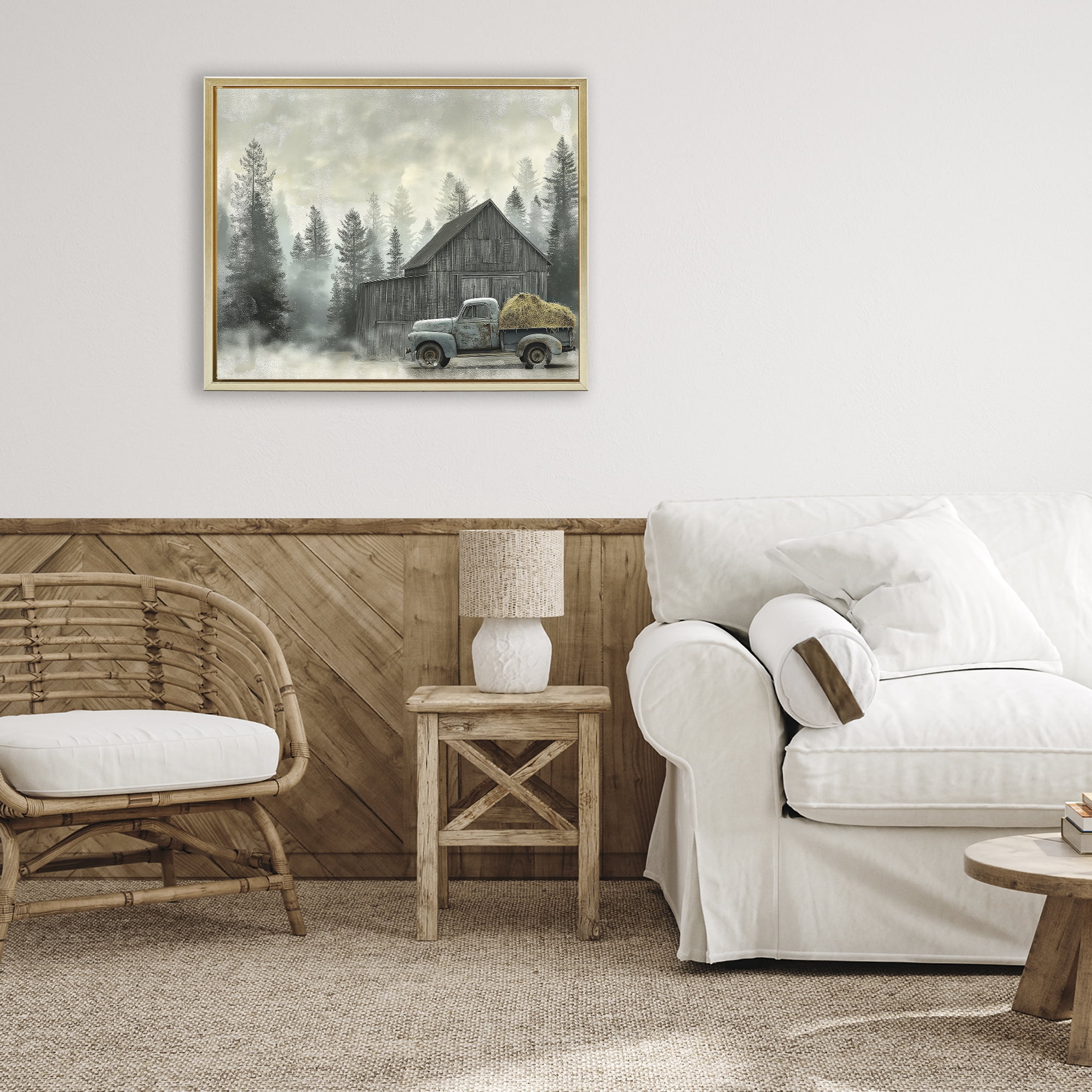 Stupell Industries Vintage Pickup at Misty Barn Gold Framed Floater Canvas Wall Art, design by Imagine It Images