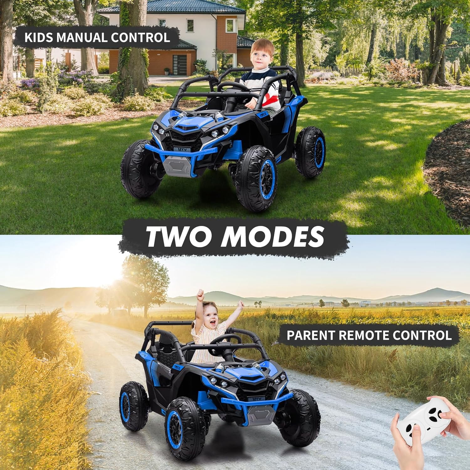 24V Ride on ATV or Kids, 2 Seater 4WD Powered ATV Car with Remote Control, LED Lights, 4 Shock Absorber, 3 Speeds, Horn, Music(Blue)