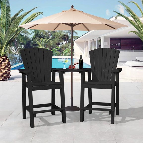 JUSTLET Tall Plastic Adirondack Chair Set of 2 W/ Outdoor Barstools and Connecting Tray, Black