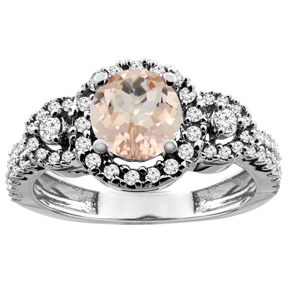 14K Yellow Gold Diamond Halo Natural Morganite Ring Round 6mm, size 10