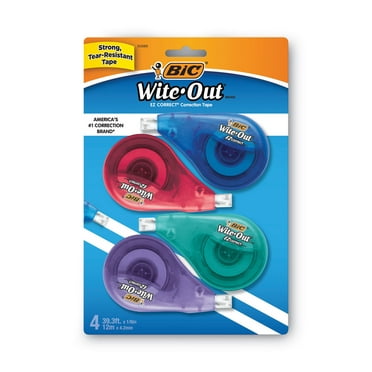 BIC Wite-Out EZ Correct Correction Tape Non-Refillable, Blue/Yellow Applicators, 0.17" x 400", 4/Pack