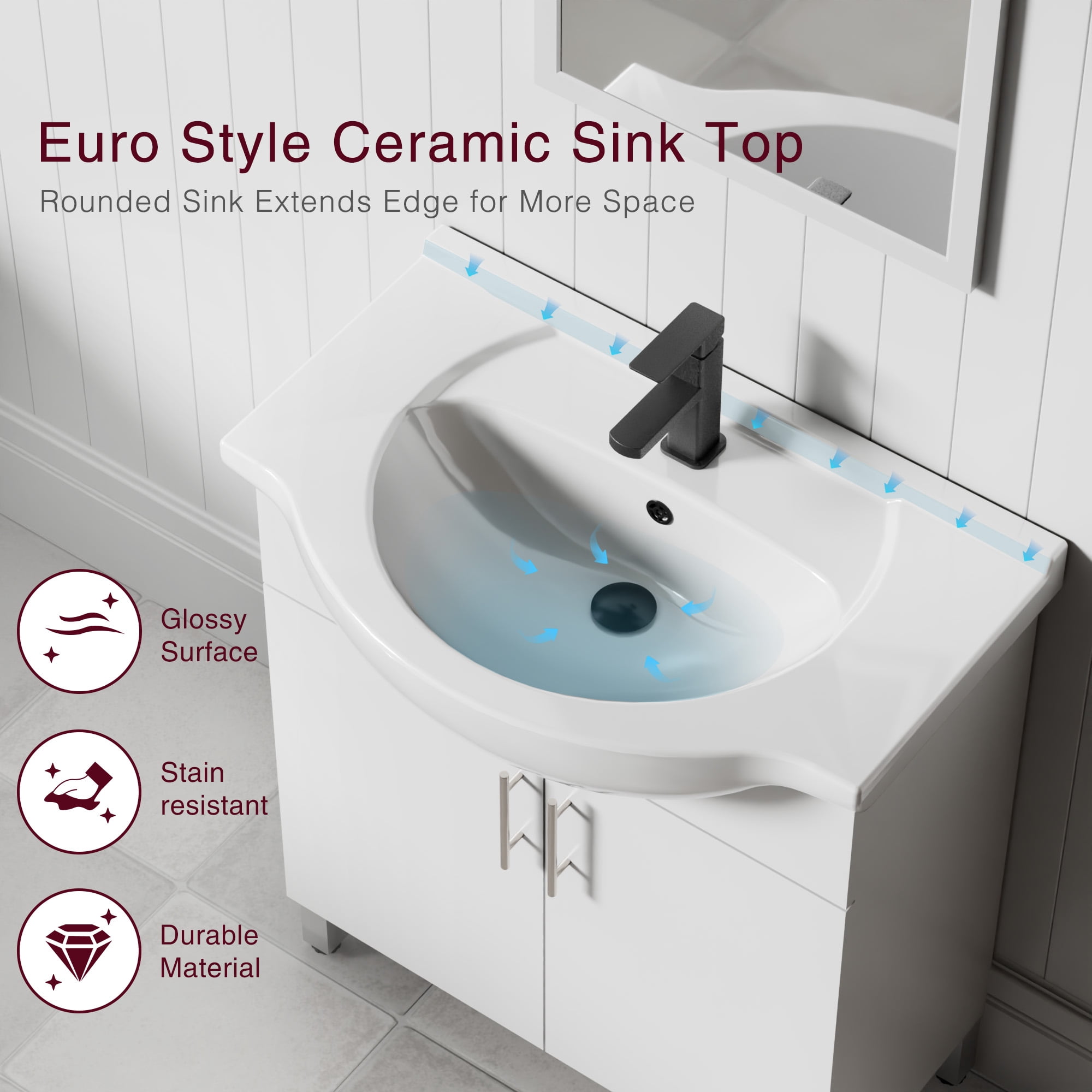 Eclife 30" Freestanding Single Bathroom Vanity with Euro Ceramic Sink and Faucet