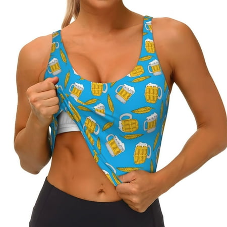 Qokaie Beer3 Pattern Womens Scoop Neck Sports Bra Breathable Workout Vest Padded U Back Medium Impact Fitness Gym Yoga Bra Workout Crop Top