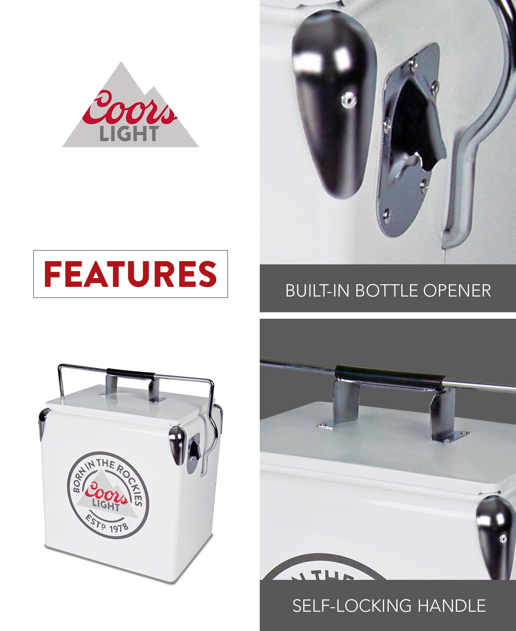 Coors Light Retro Ice Chest Cooler with Bottle Opener 13L (14 qt), White and Silver