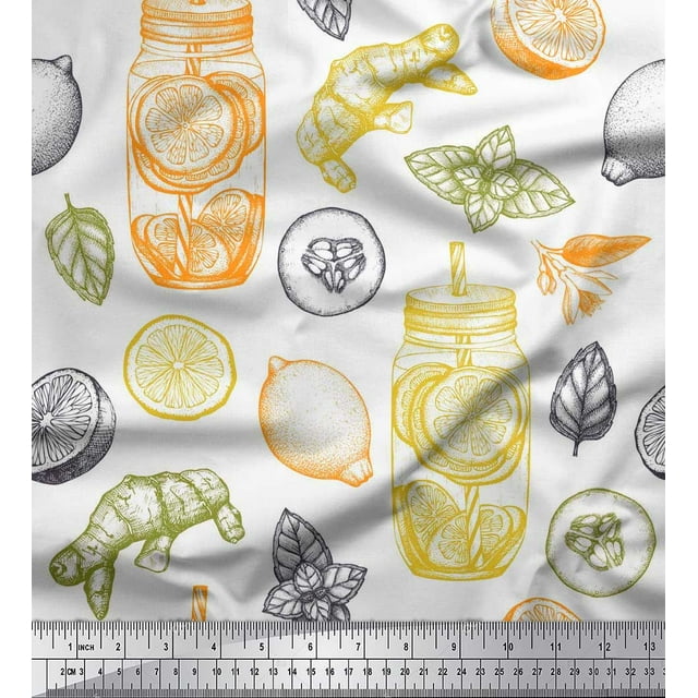 Soimoi polyester Crepe Fabric Lemon Slice Jar,Cucumber & Ginger Vegetable Print Sewing Fabric Yard 52 Inch Wide