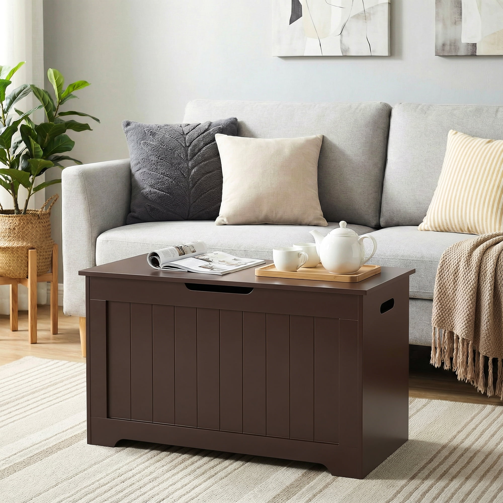 SuperDeal 30-Inch Lift Top Storage Chest Wooden Home Organizer Bench with Safety Hinged Lid Large MDF Toy Box Entryway Bedroom Living Room, Brown