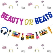 2 Pcs Hip Hop Gender Reveal Banners Funny Including Glitter Beauty or Beats Banner and Music Themed Retro Disco Garland for 90s 80s He or She, Boy or Girl Baby Shower Party Decorations