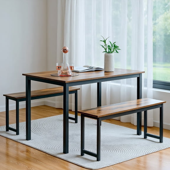 Kadyn Dining Room Table Chair Set,Kitchen Table Set, Dining Room Set,3 Pieces Dining Table Set with 2 Benches for Dining Room Kitchen Bar-Brown