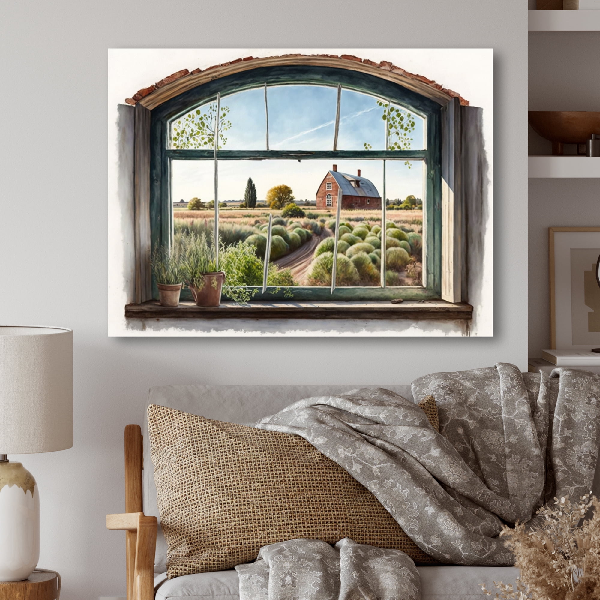 Designart Window View Of Barn Canvas Wall Art