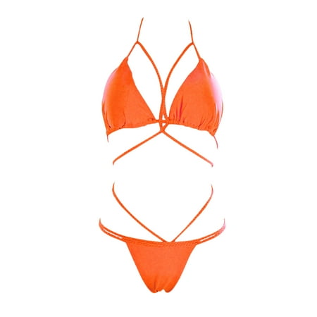 USNSM Sexy Strappy Bikini Set for Women Two Piece Halter Lace Up Swimsuit Wireless Padded Bikini Top with Triangle Thong Crisscross Cutout Slimming Bathing Suit Orange M