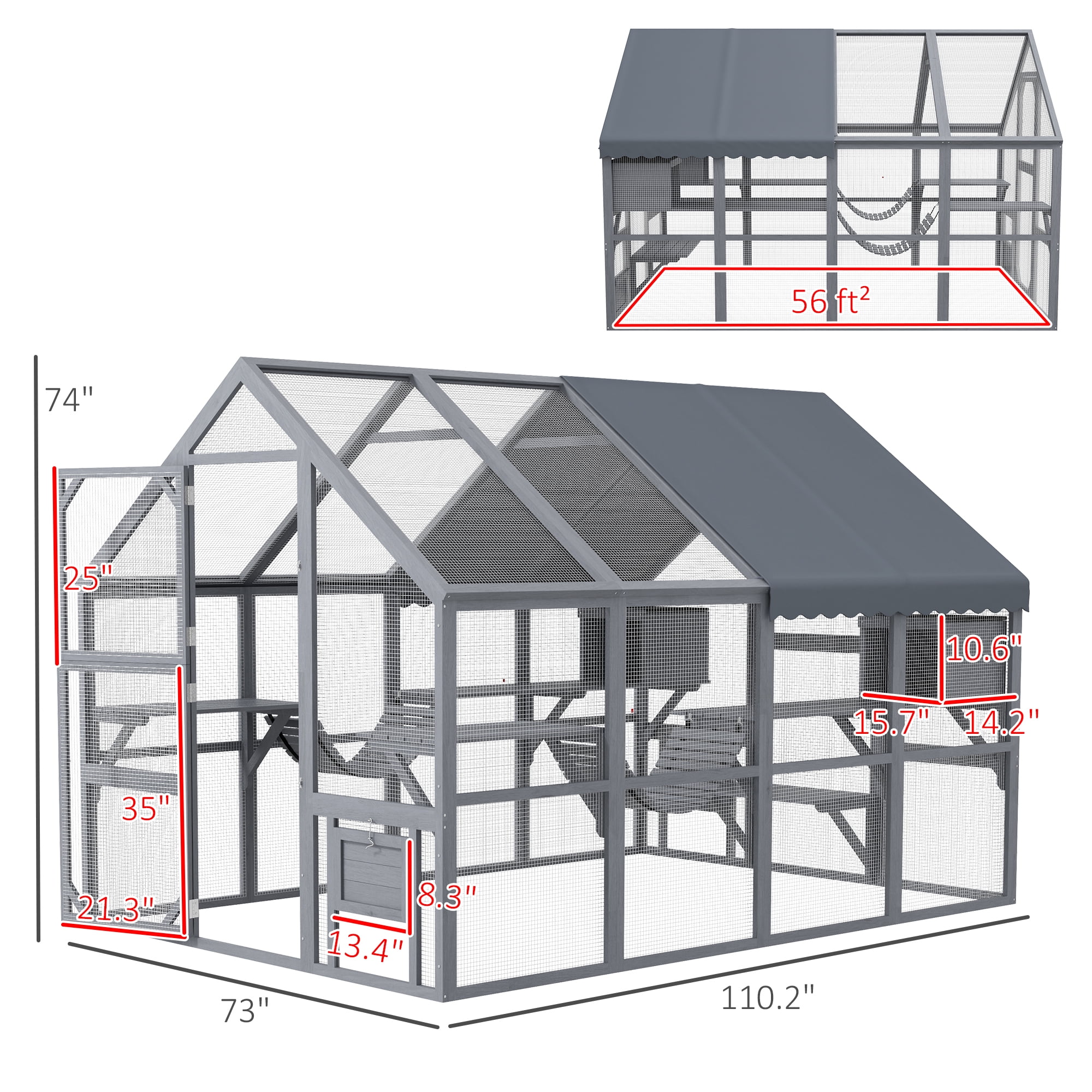 PawHut Large Catio Outdoor Cat Enclosure, Wooden Cat House for Multiple Cats, with Waterproof Cover, 2 Condos, 6 Platforms, Bridge, Doors, Gray