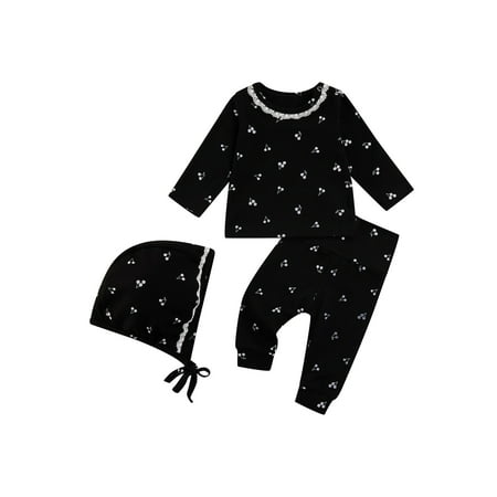 

Seyurigaoka Baby Girls Outfit Printing Lace Round Collar Tops Trousers Cap