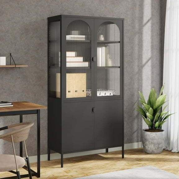 vidaXL Black Freestanding Display Curio Cabinet 3 Shelves Glass and Steel