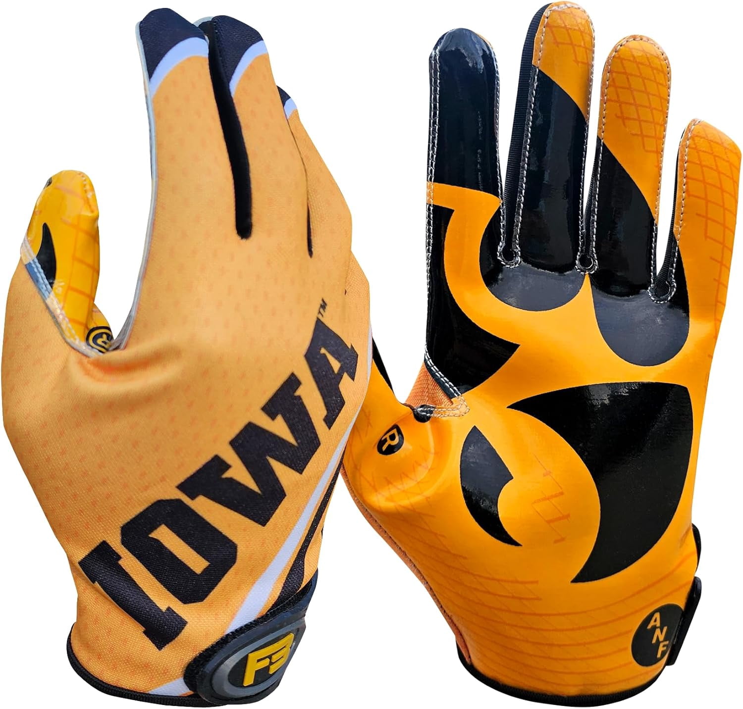 Scale Wear Design University of Iowa Hawkeyes Football Gloves with Super Stick-Tach Silicone Grip Palms. Men's & Youth Boys Sticky Football Receiver Gloves (Yellow, Adult-XL)