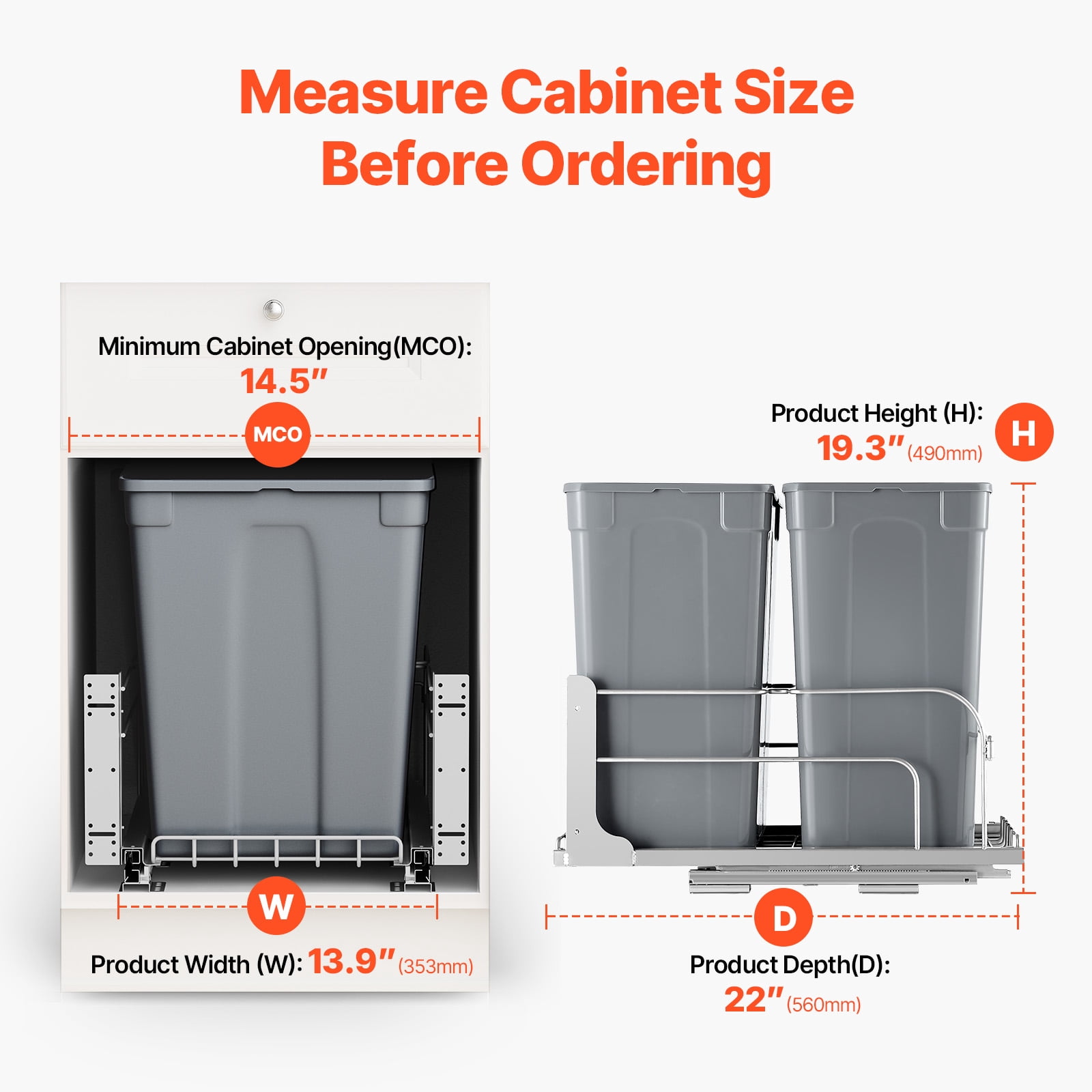 KFFKFF Pull-Out Trash Can, 35 QT x2 Dual Under-Mount Kitchen Waste Bins, Durable Recycling and Garbage Containers with Door-Mount Kit and Soft-Close Slides, Ideal for Cabinets and Under Sink (Grey)