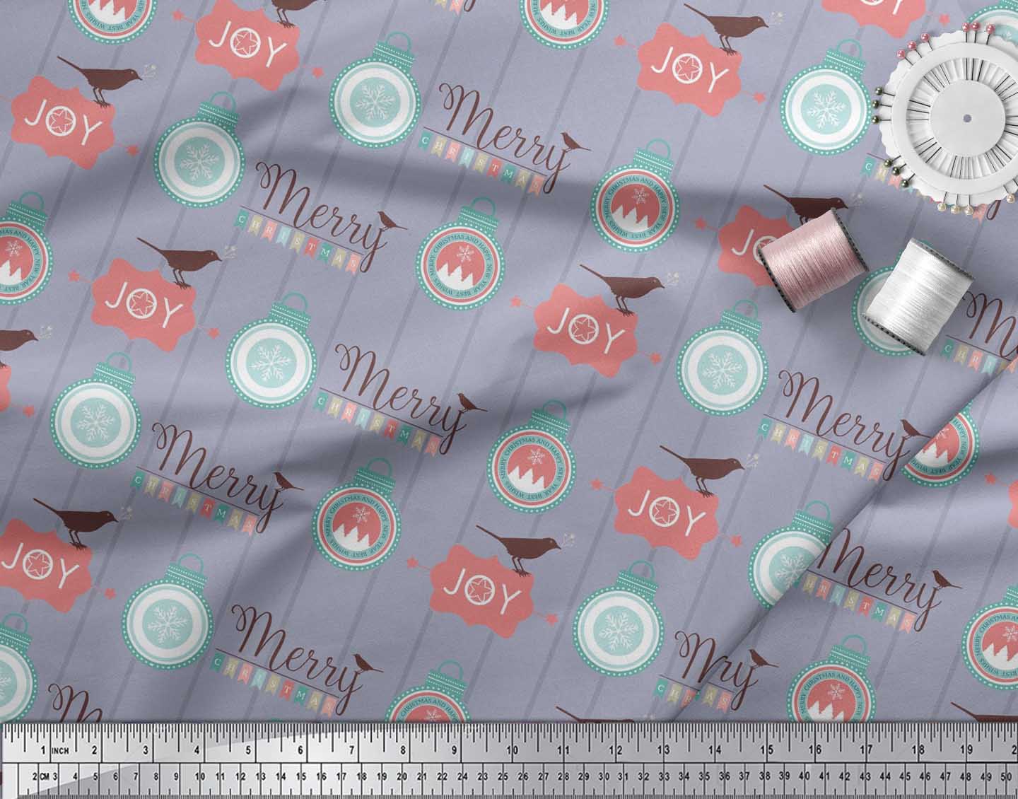 Soimoi Grey Georgette Viscose Fabric Bird,Stripe & Baubles Christmas Decor Fabric Printed Yard 42 Inch Wide