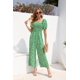 thumbnail image 2 of Love Welove moda mujer Floral manga corta cintura alta pantalones de pierna ancha Casual suelto recogido mono verde con flores blancas medio, 2 of 5