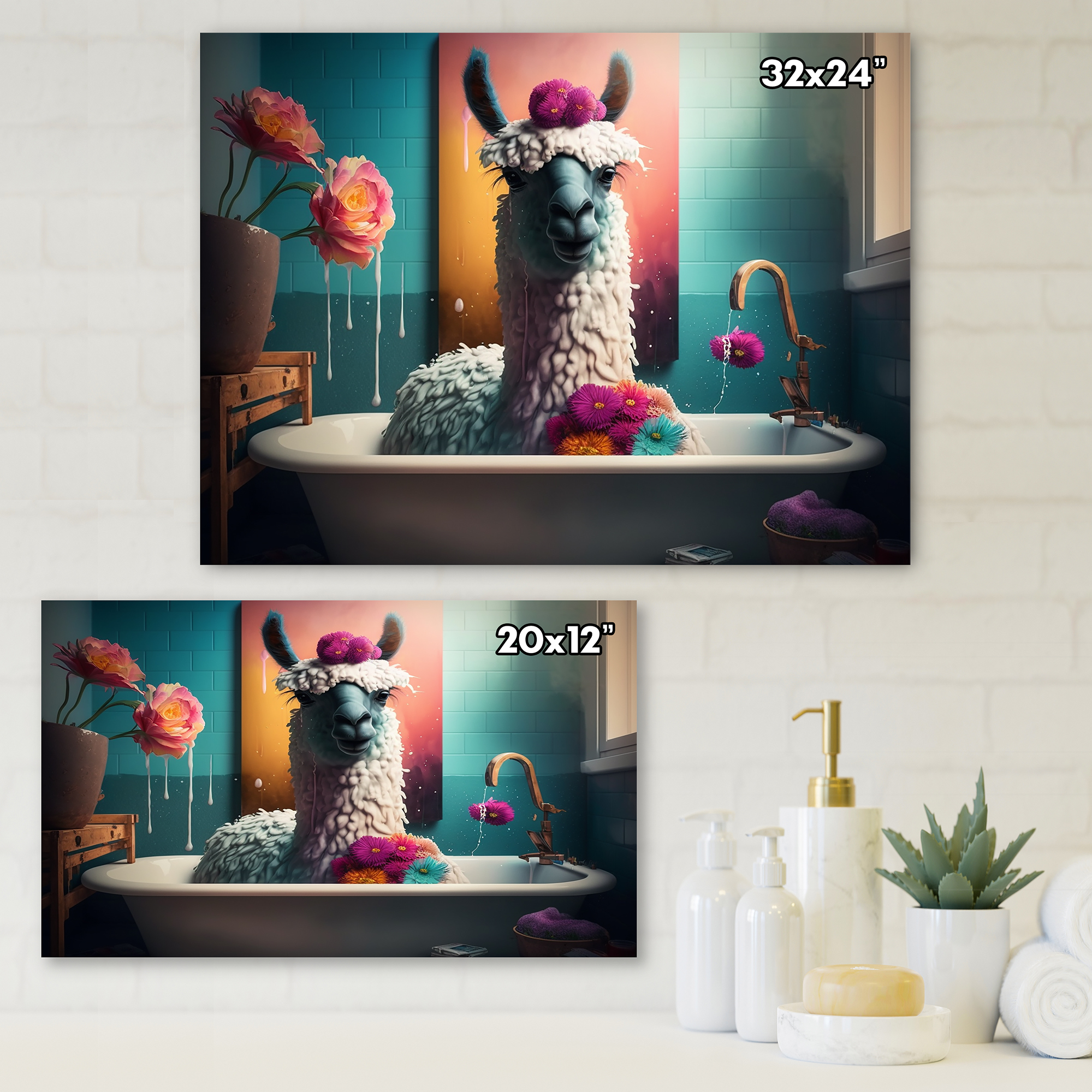 Designart Funny Llama In The Bath III Canvas Wall Art