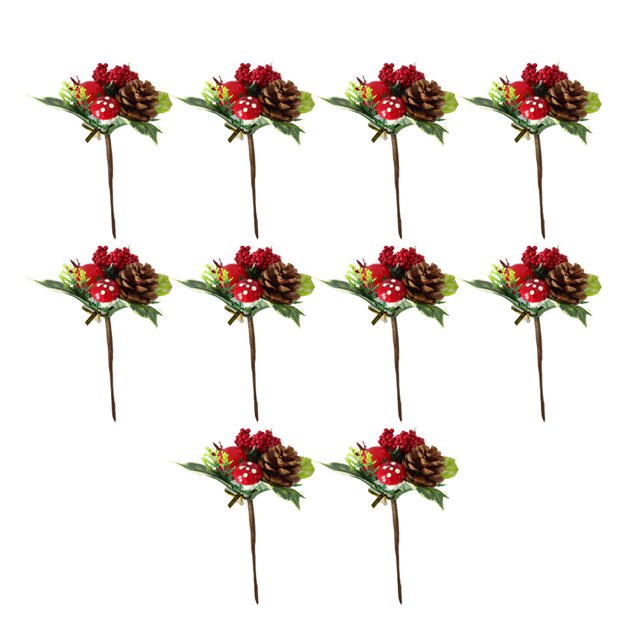 EeaseMX 10 piezas de tallos de plantas navideñas creativas para decoración, piñas artificiales, hojas huecas verdes, setas de granada pequeñas falsas, tallos de plantas para decoración del hogar DIY