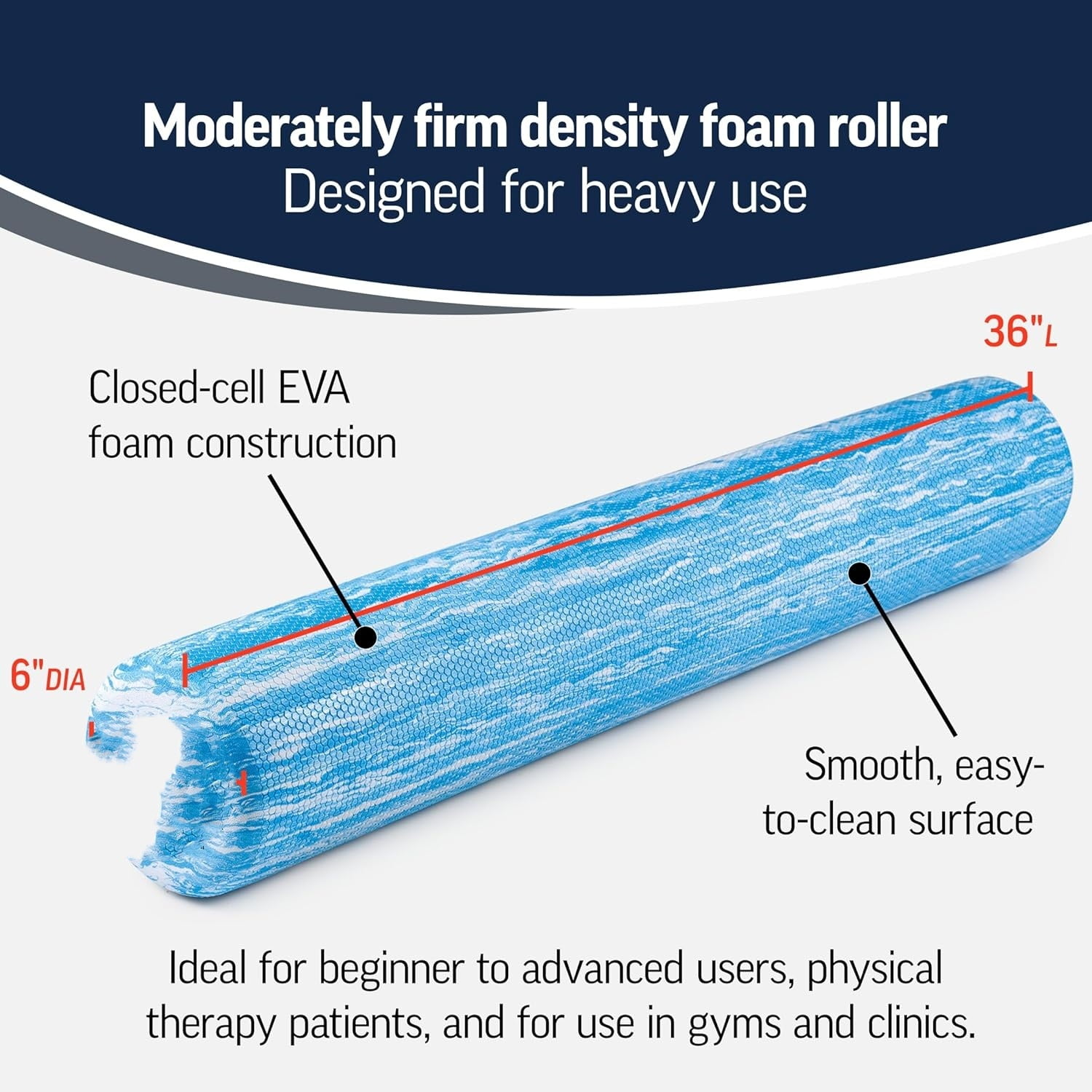 Standard Density Foam Roller - Durable Roller for Back Massage, Deep Tissue Foam Roller Exercises, Stretching, Fitness, Yoga and Pilates - 36 Inches by 6 Inches,