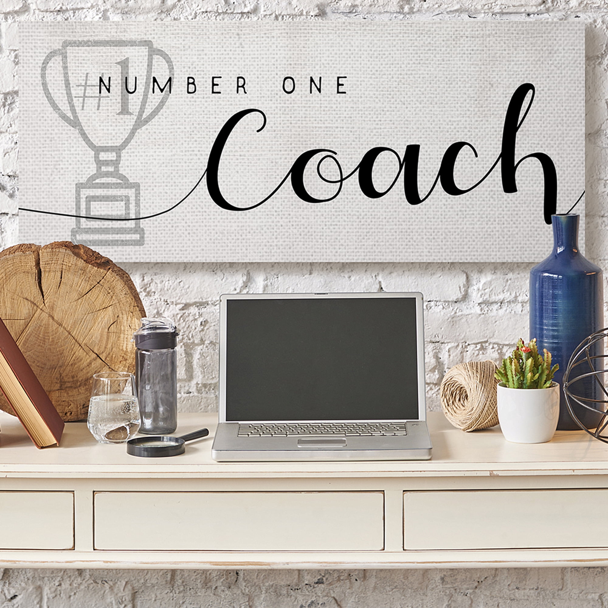 Stupell Industries Number One Coach Phrase Grey Trophy Detail Inspirational Painting Gallery Wrapped Canvas Art Print Wall Art, 20 x 48
