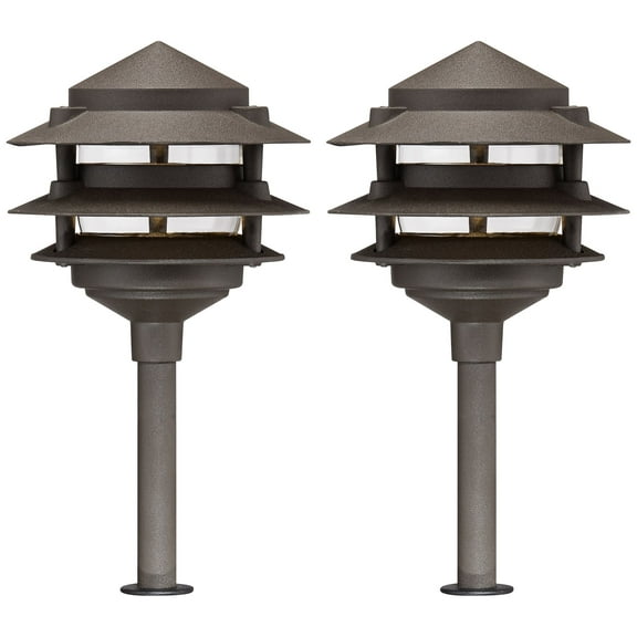 John Timberland Tiered Pagoda 11" High Modern Outdoor Landscape Path Lights Porch House Set of 2 LED Bulb Brown Bronze Finish