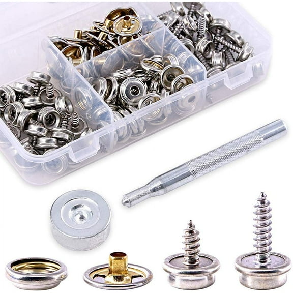 Casewin 120-Pieces Stainless Steel Marine Grade Upholstery Boat Cover Snap Button Fastener Kit with 2Pcs Setting Tool (40 Sets)- Silver