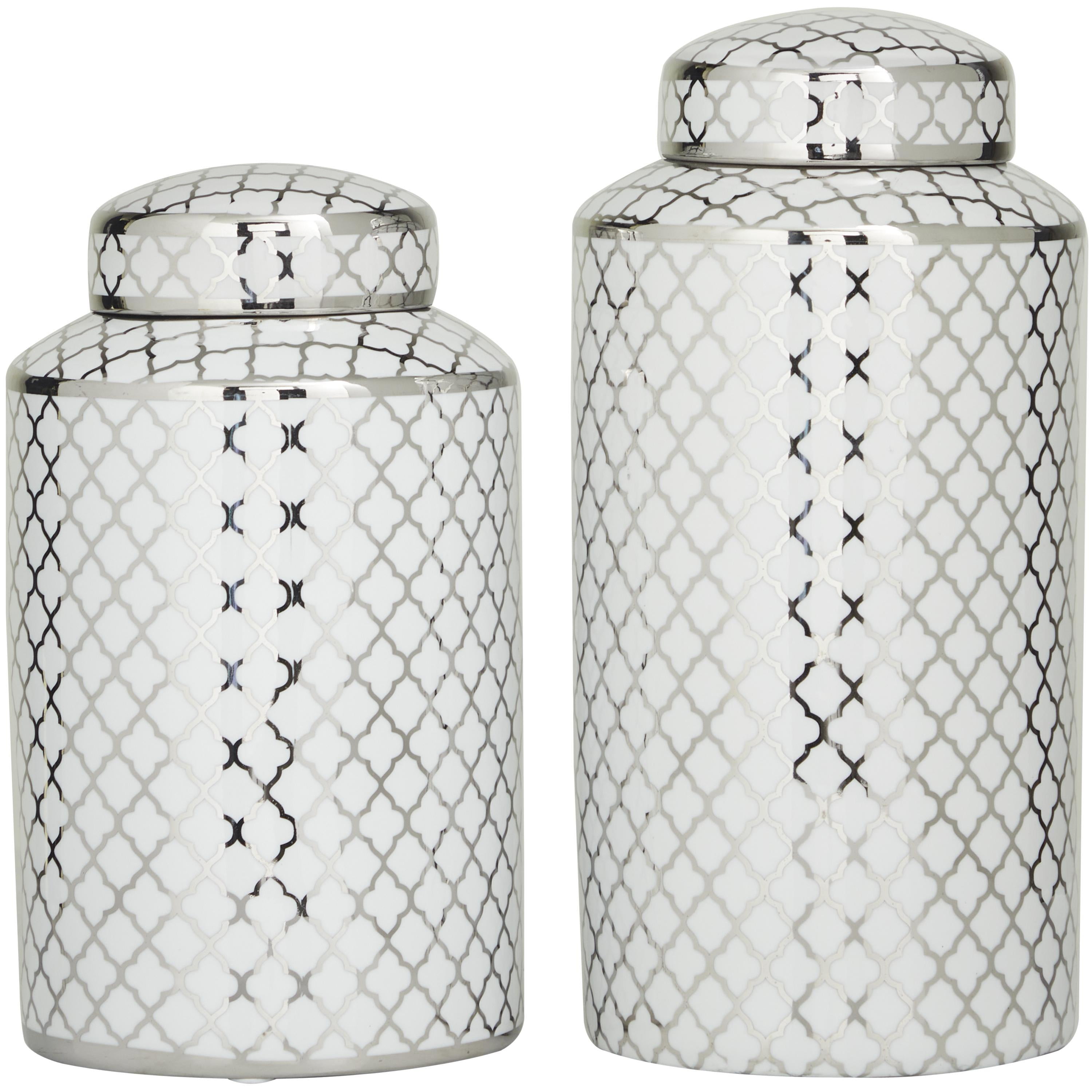 DecMode 14", 12"H Silver Ceramic Geometric Decorative Jars with Silver accents, 2-Pieces