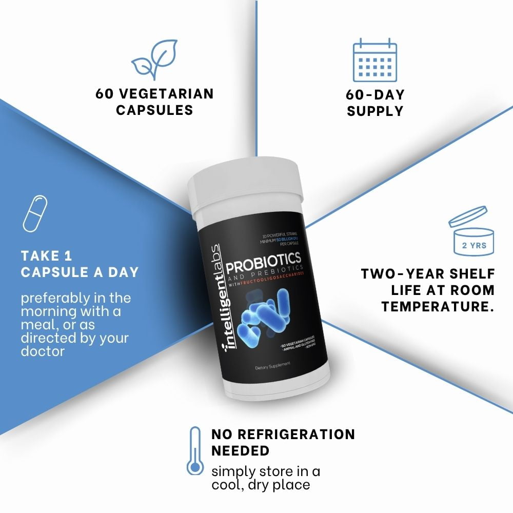 Intelligent Labs 50 Billion CFU Probiotic with Prebiotics For Men & Women | Digestive & Immune Support | Delayed Release Capsules | Shelf Stable | 60 Capsules (60-Day Supply)