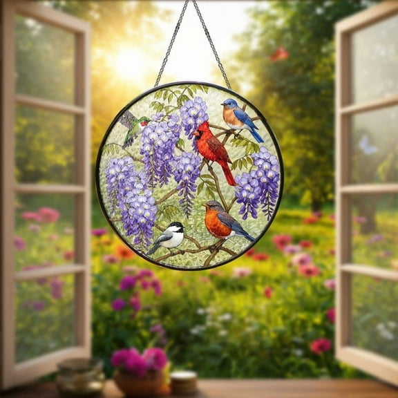 ViciArt Birds on Wisteria Tree Branch Glass Suncatcher, Stained Glass Window Decor, Floral Home Decor